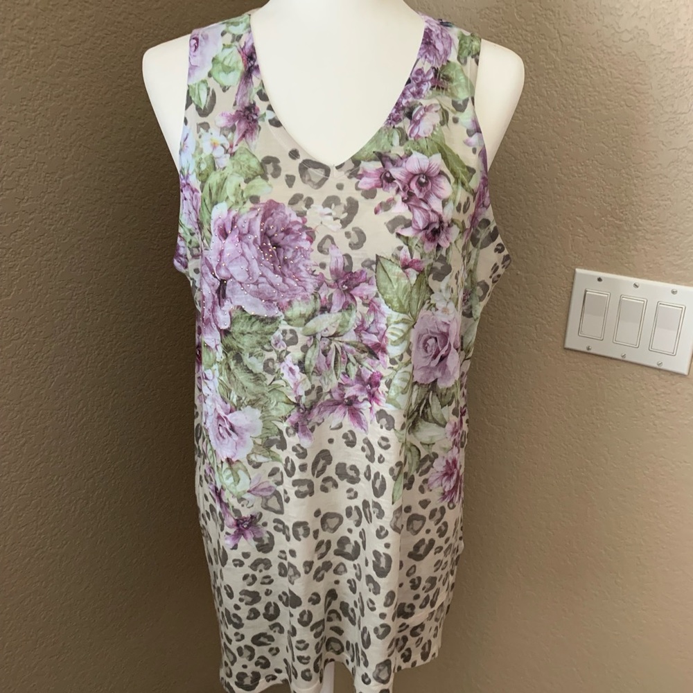 Green floral womens tank top with rhinestone accents